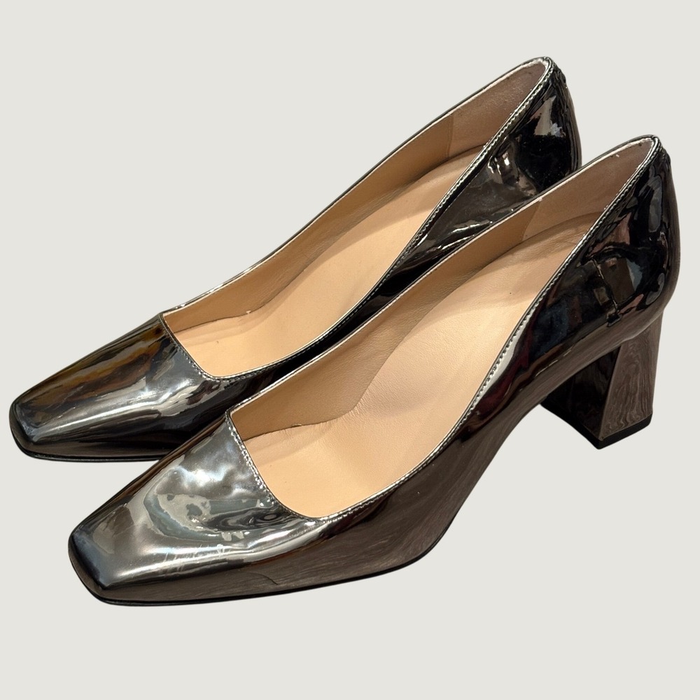 Inez Metallic Pewter Patent Leather Block Heel Pumps Square Toe Spain 8.5
